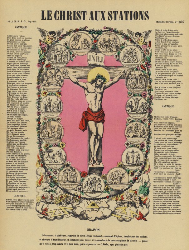 Jesu korsfestelse og korsveiene (fargelitografi) av French School