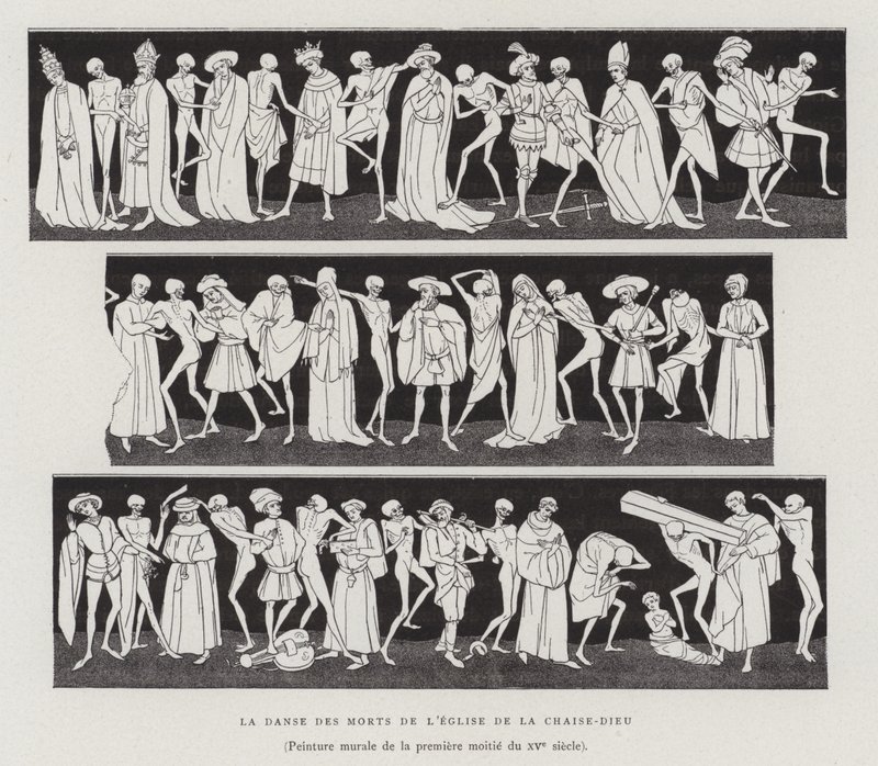 The Dance of the Dead fra la Chaise-Dieu-kirken, første halvdel av 1400-tallet (litho) av French School