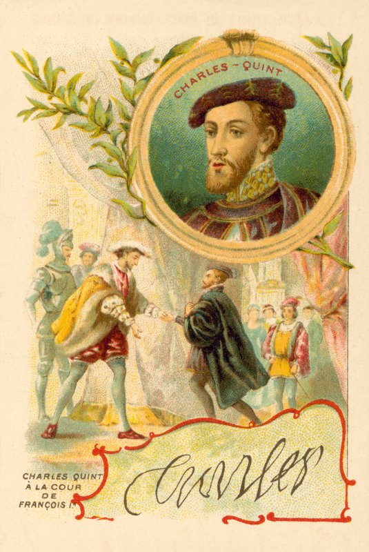 Keiseren Charles V ved hoffet til Frans I av Frankrike (chromolitho) av French School