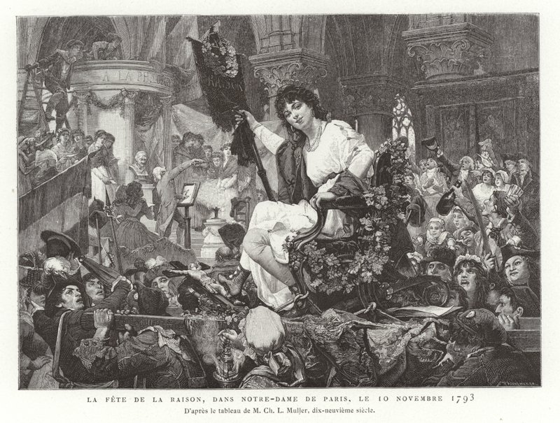 Fornuftens festival i Notre Dame de Paris, 10. november 1793 av French School