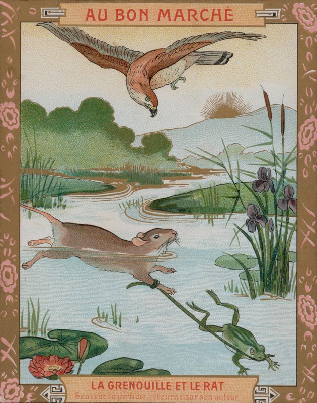 Frosken og musen, en av Aesops fabler (chromolitho) av French School