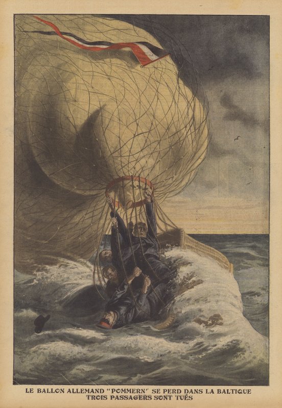 Den tyske ballongen Pommern styrter i Østersjøen (farge litho) av French School