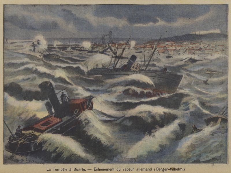 Den tyske damperen Berger-Wilhelm går på grunn i en storm utenfor Bizerte, Tunisia (farge litho) av French School