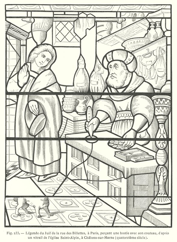 Jøden i Rue des Billettes, Paris, vanhelliget verten ved å stikke hull i den med kniven, etter et glassmaleri fra 1300-tallet i kirken Saint-Alpin, Chalons-sur-Marne, Frankrike (gravering) av French School