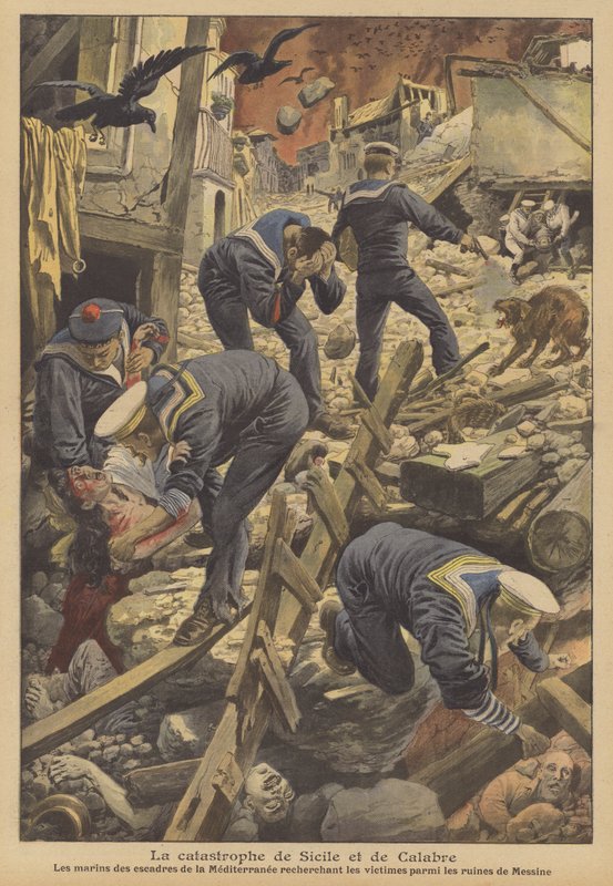 Jordskjelvet i Messina i 1908, Sicilia (farge litho) av French School