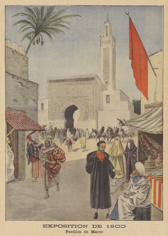 Den marokkanske paviljongen på Exposition Universelle i 1900 i Paris (farge litho) av French School