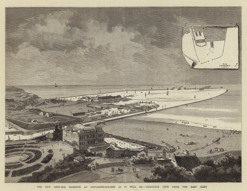 Den nye dyphavshavnen i Boulogne-sur-Mer som den vil bli, fugleperspektiv fra østklippen (gravering) av French School