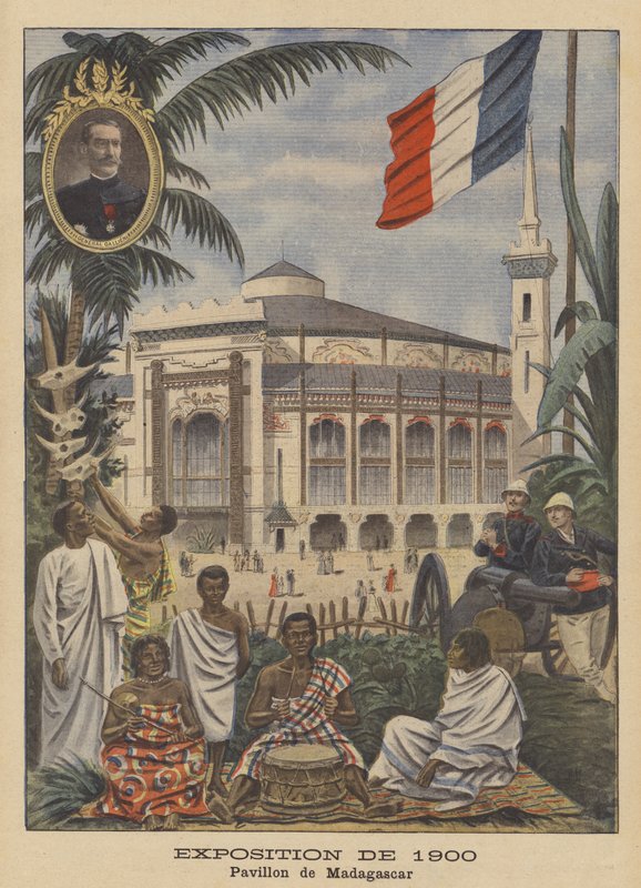 Paviljongen på Madagaskar ved Exposition Universelle i 1900 i Paris (farge litho) av French School