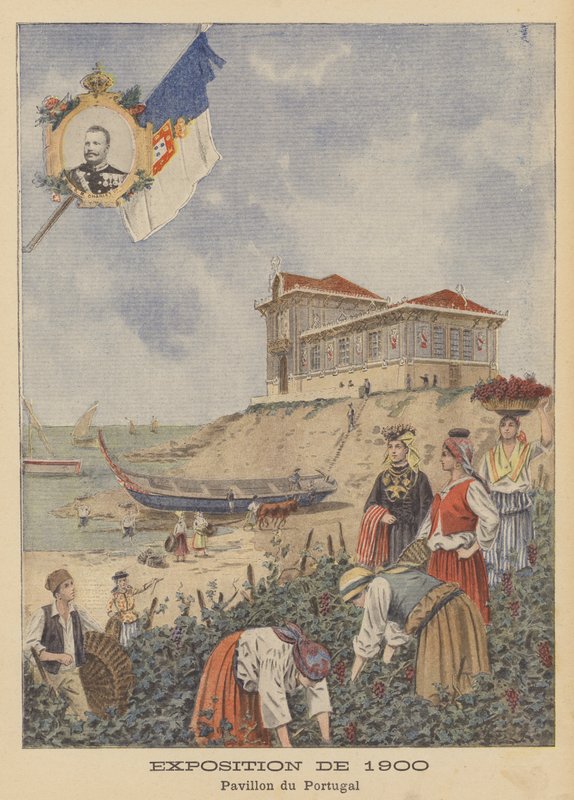 Den portugisiske paviljongen på Exposition Universelle i 1900 i Paris (farge litho) av French School