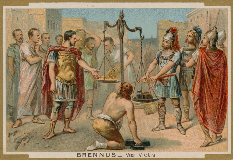 Romerne prøver å kjøpe sin frelse fra den galliske høvdingen Brennus, 4. århundre f.Kr. av French School