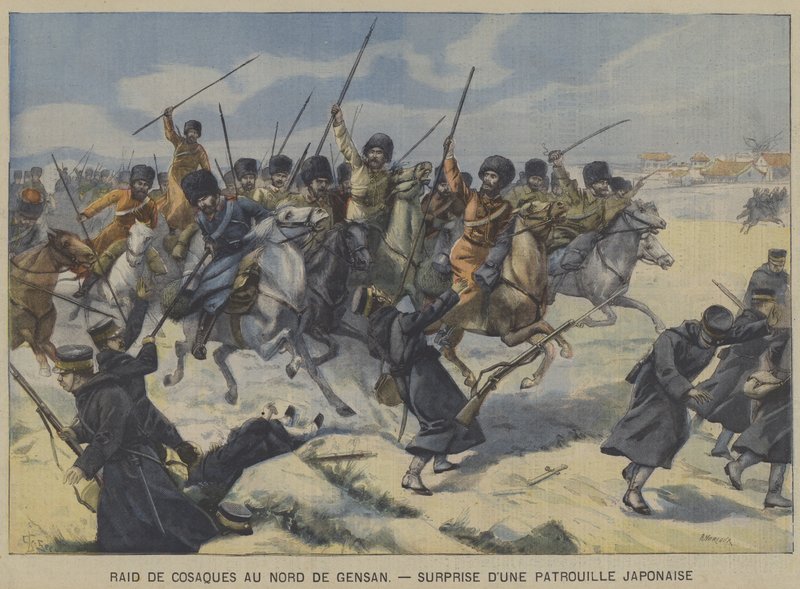 Den russisk-japanske krigen: kosakker overrasker en japansk patrulje i et raid nord for Gensan, Korea (farge litho) av French School