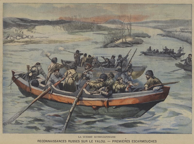Den russisk-japanske krigen: første trefninger under russisk rekognosering på Yalu-elven (farge litho) av French School