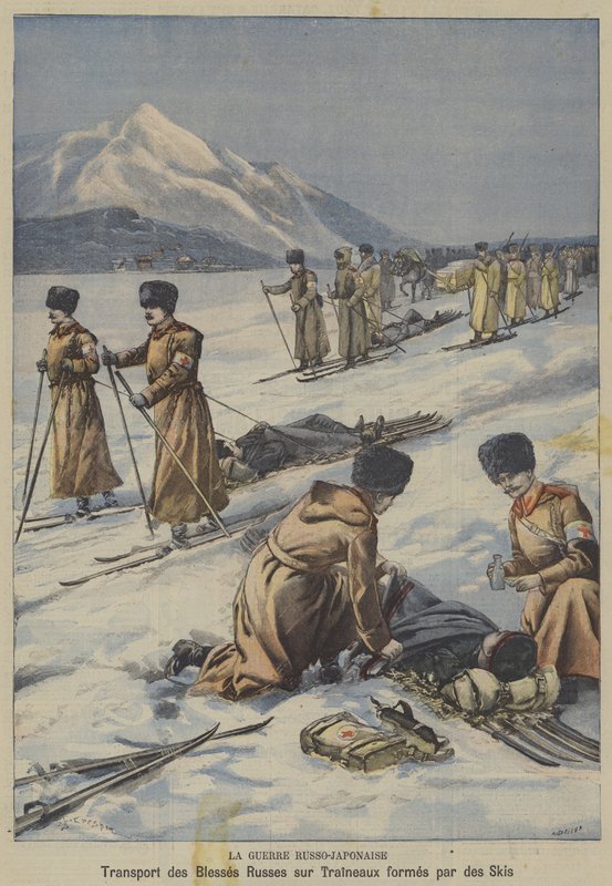 Den russisk-japanske krigen: transport av sårede russiske soldater på sleder laget av ski (farge litho) av French School