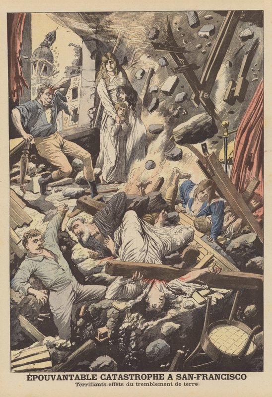 Jordskjelvet i San Francisco i 1906 (farge litho) av French School