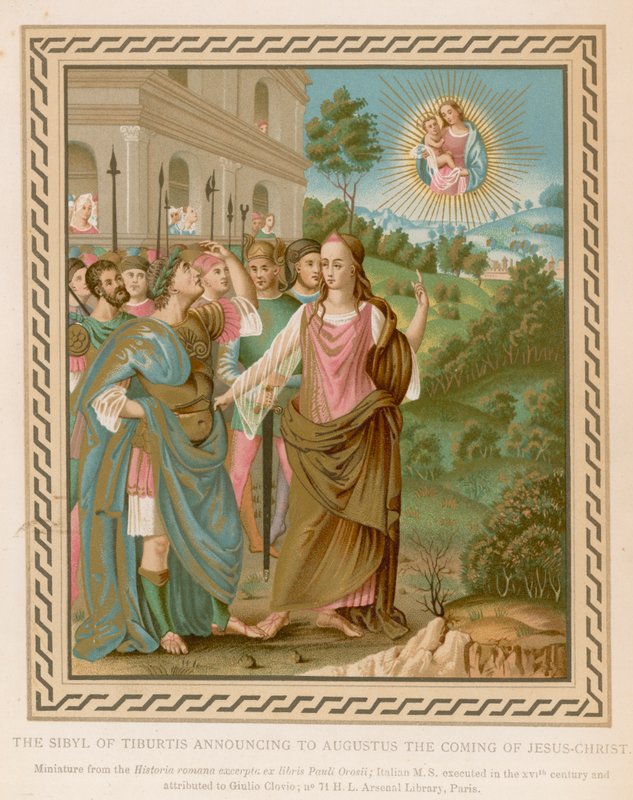 Sibyllen av Tiburtis kunngjør for Augustus Jesu Kristi komme (chromolitho) av French School