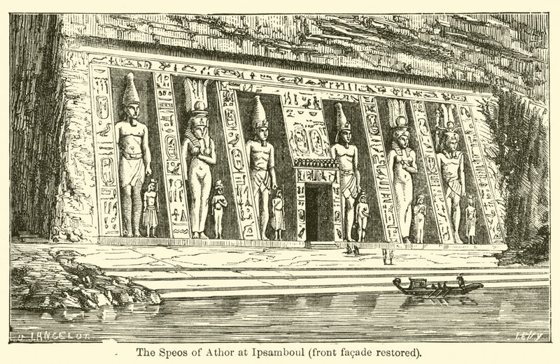 The Speos of Athor ved Ipsamboul, frontfasade restaurert (gravering) av French School