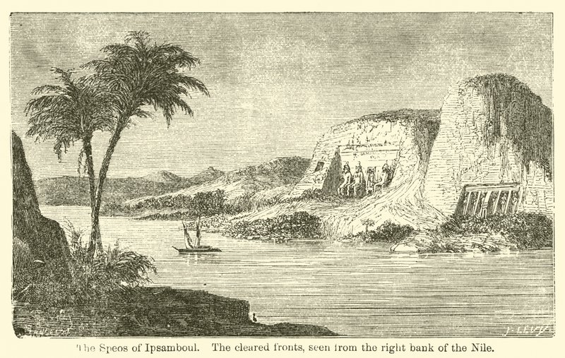 Speos of Ipsamboul, de ryddede frontene, sett fra Nilens høyre bredd (gravering) av French School