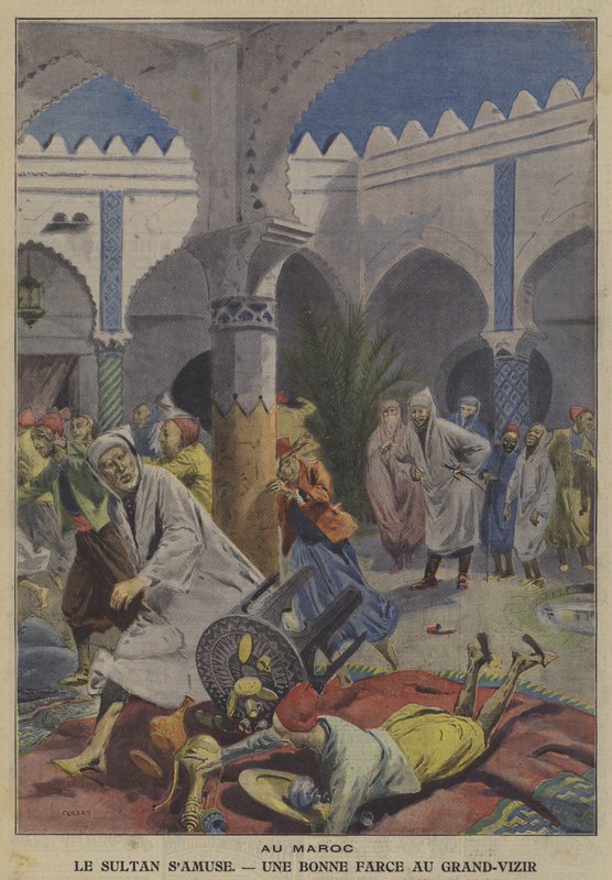 Sultanen av Marokko morsomt ved å spille en vits på Grand Vizier (farge litho) av French School