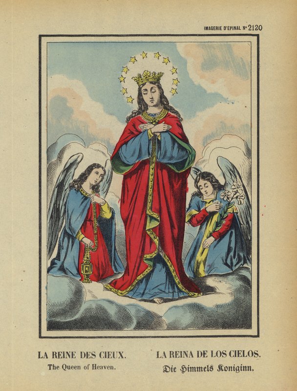 Jomfru Maria, himmelens dronning (fargelitografi) av French School
