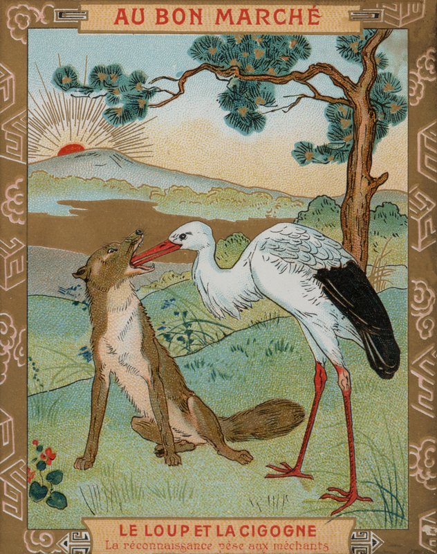 The Wolf and the Crane, en av Aesops fabler (chromolitho) av French School