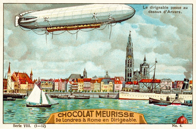 Luftskipet som passerer over Antwerpen (chromolitho) av French School