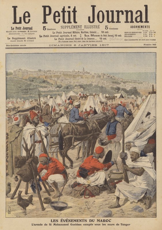 Hæren til Mohammed Guebbas slo leir under murene til Tanger, Marokko (farge litho) av French School