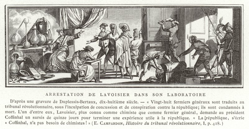Arrestasjonen av Antoine Lavoisier i laboratoriet hans, 1794 av French School