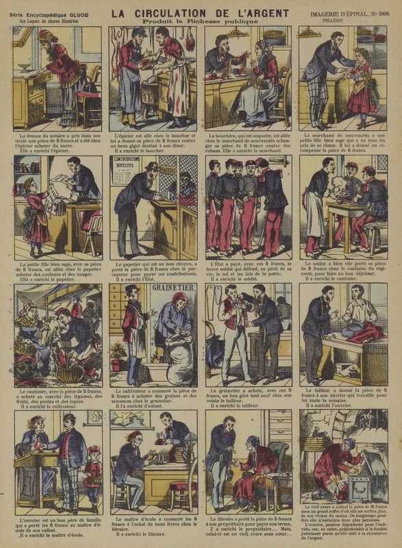 Sirkulasjonen av penger (farge litho) av French School