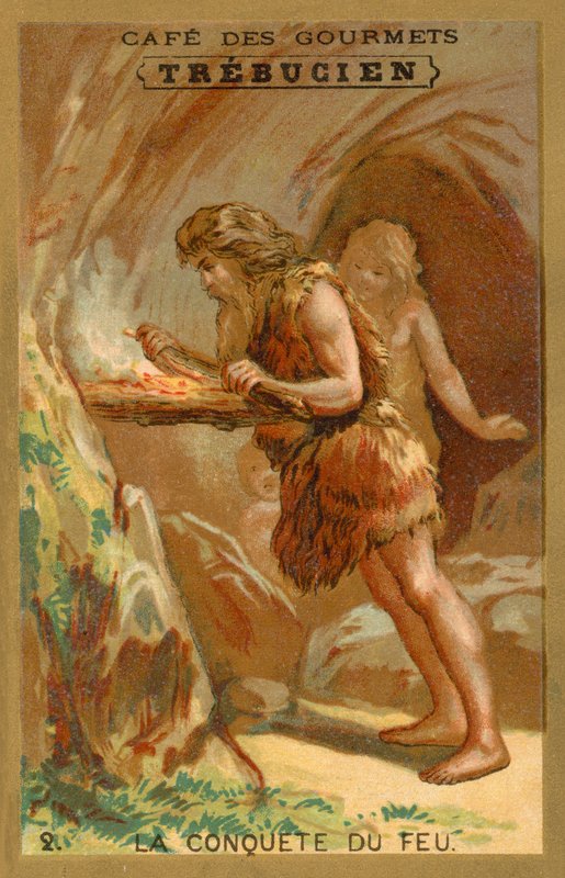 Erobringen av ild (chromolitho) av French School