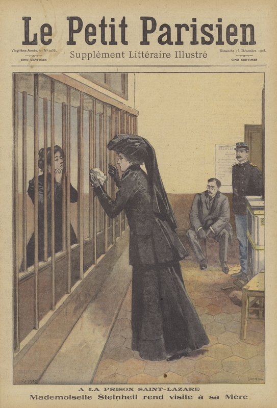 Datteren til Marguerite Steinheil besøker moren sin i Saint-Lazare fengsel, Paris (farge litho) av French School