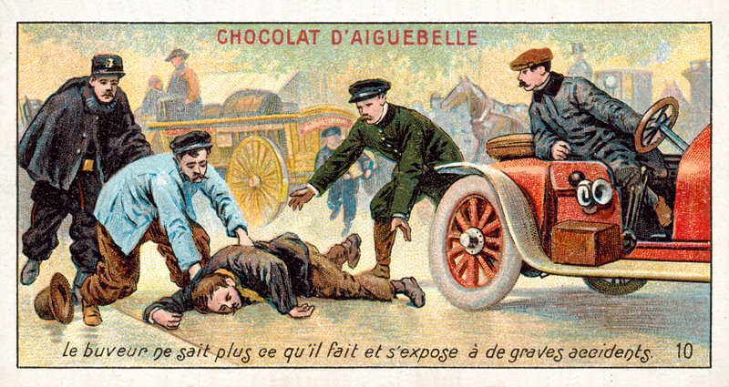 Fyllikeren vet ikke hva han gjør og utsetter seg selv for risikoen for alvorlige ulykker (chromolitho) av French School