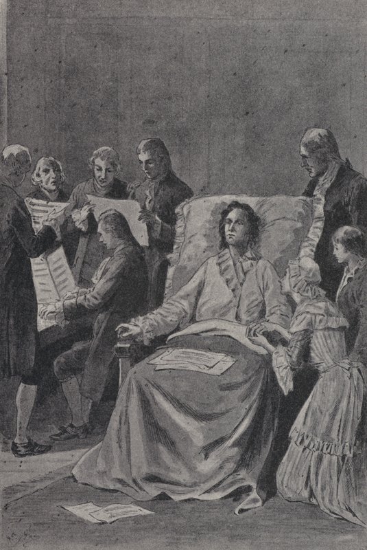 Den døende Wolfgang Amadeus Mozart lytter til vennene hans som fremfører sin kantate In Praise of Friendship (gravering) av French School