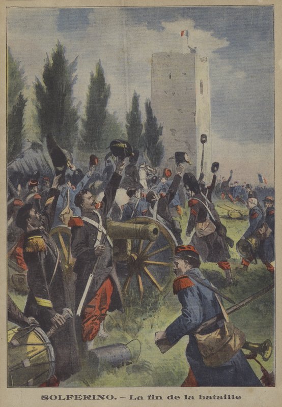 Slutten på slaget ved Solferino, Italia (farge litho) av French School