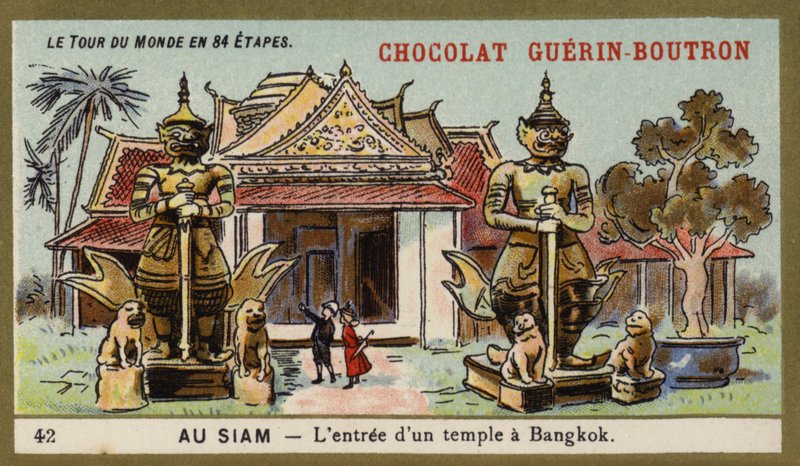 Inngangen til et tempel i Bangkok, Siam (chromolitho) av French School