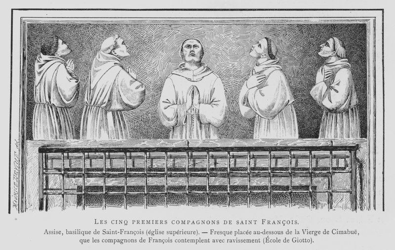 De fem første følgesvennene til den hellige Frans av Assisi (litho) av French School