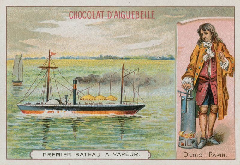 Den første dampdrevne båten og Denis Papin, fransk 17.-18. pioner innen dampkraft av French School