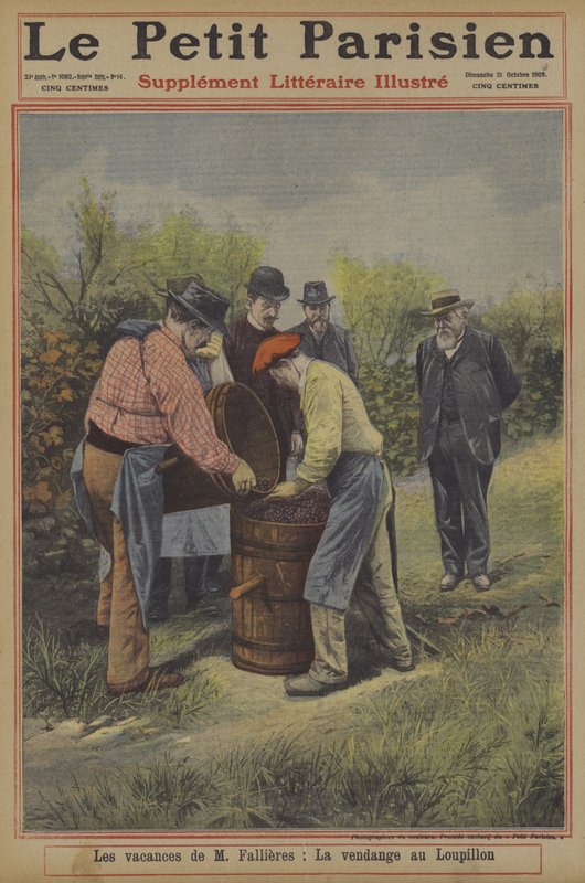 Høytiden til Frankrikes president Fallieres: druehøsten hjemme i landsbyen Loupillon (farge litho) av French School