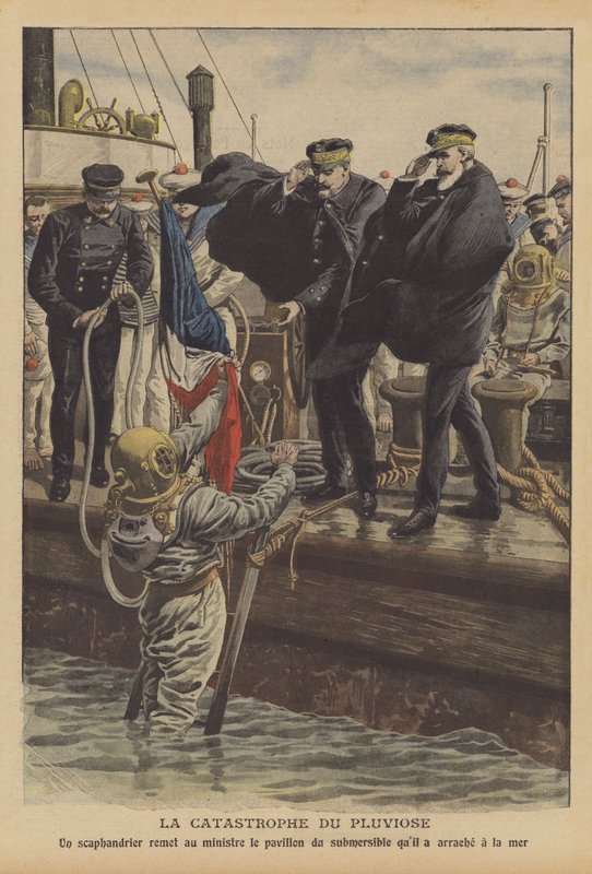 Tapet av den franske marinens ubåt Pluviose (farge litho) av French School