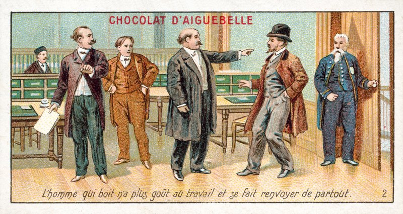 Mannen som drikker har ikke lenger sansen for arbeid og blir sagt opp (chromolitho) av French School
