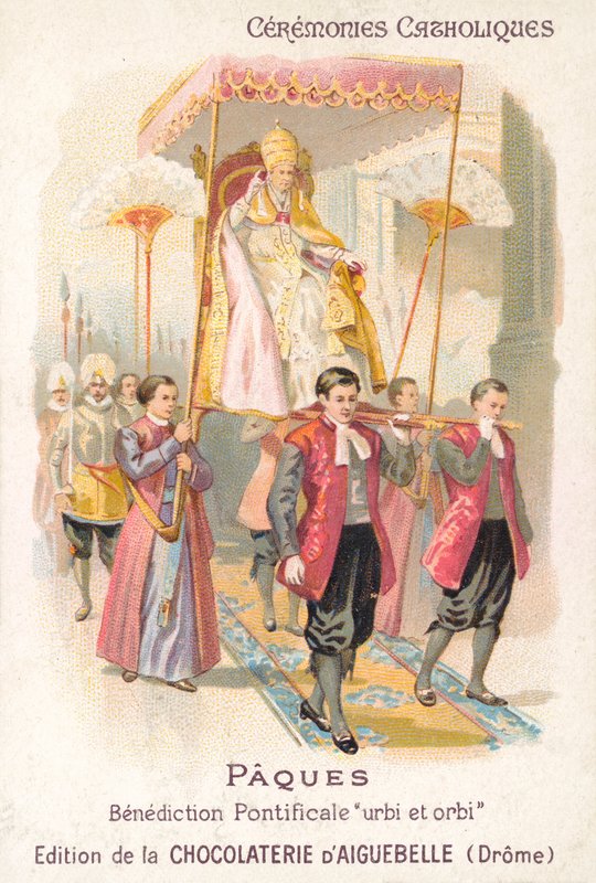 Paven blir båret for å gjøre sin tradisjonelle påskevelsignelse (chromolitho) av French School