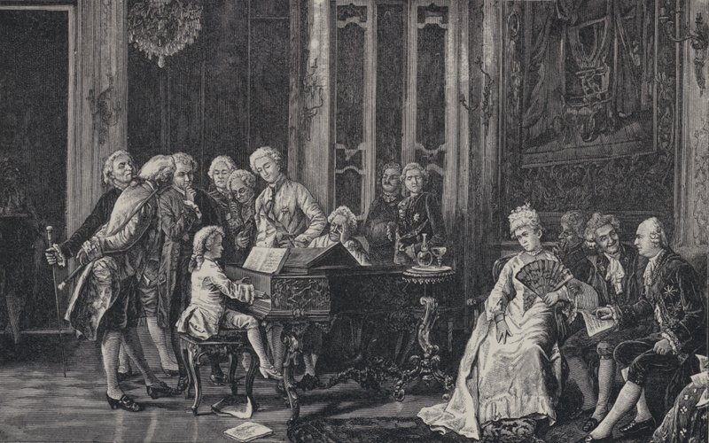 Den syv år gamle Wolfgang Amadeus Mozart spilte foran kong George III i London, 1764 av French School