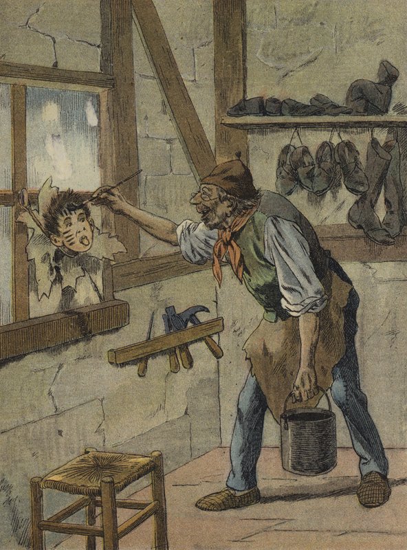 Skomakeren markerte timene på figuren av den lille Jeannot (fargelitografi) av French School