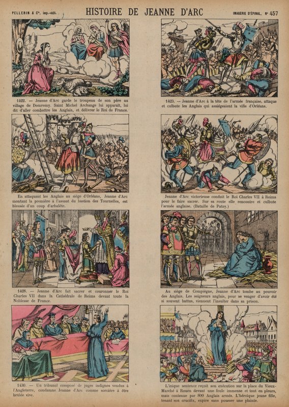 Historien om Jeanne d'Arc (farget gravering) av French School