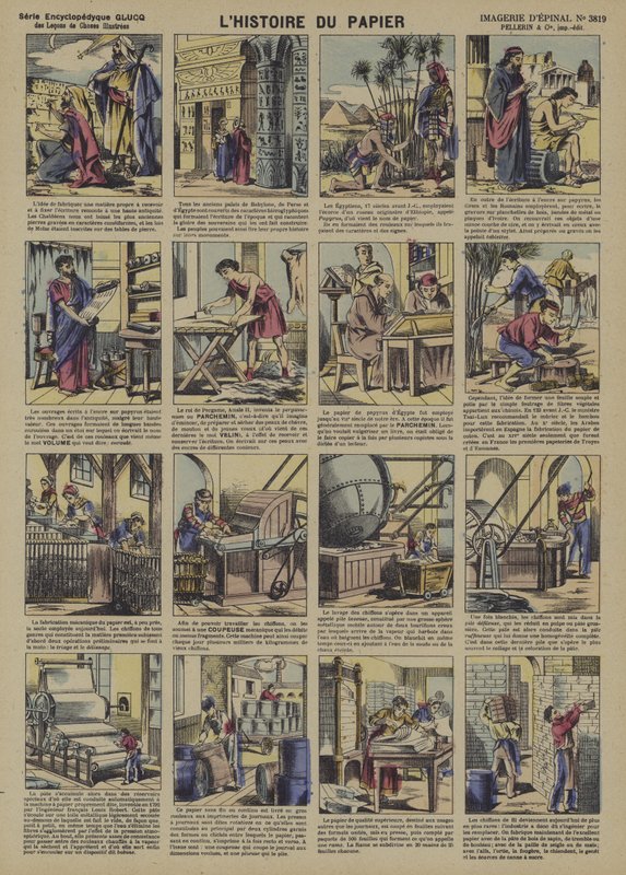Historien om papir (fargelitho) av French School