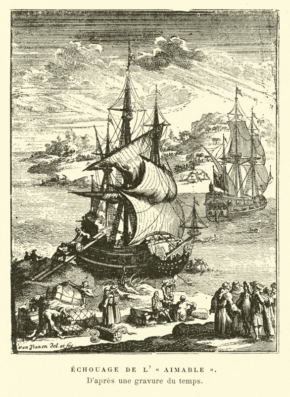 Strandingen av lAimable, Matagorda Bay, Texas, 1685 av French School
