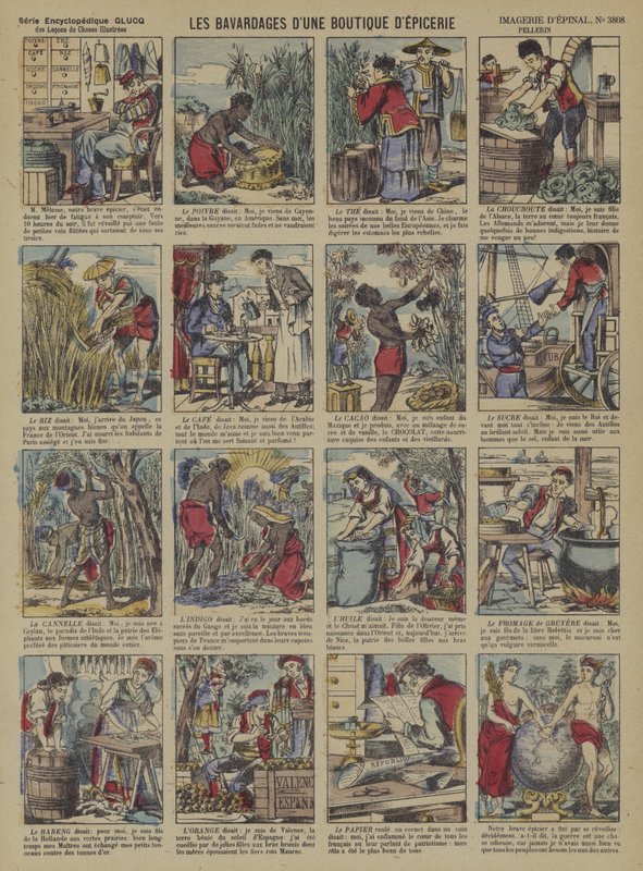 Historiene om produktene i en dagligvarebutikk (farge litho) av French School