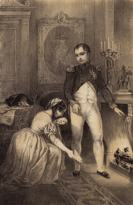Kona til den prøyssiske generalen Franz Ludwig von Hatzfeld ber Napoleon om å skåne ektemannens liv (litho) av French School