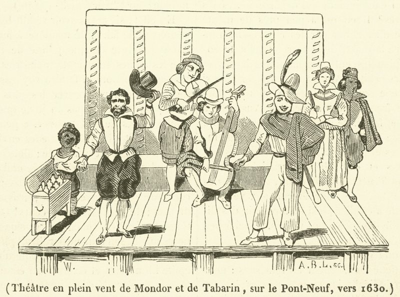 Teater i friluft i Mondor og Tabarin, på Pont-Neuf, rundt 1630 (gravering) av French School