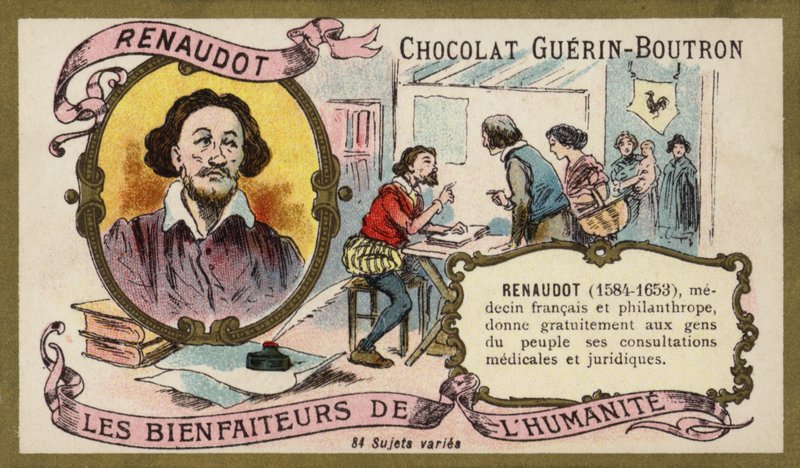 Theophraste Renaudot , fransk lege og filantrop (chromolitho) av French School