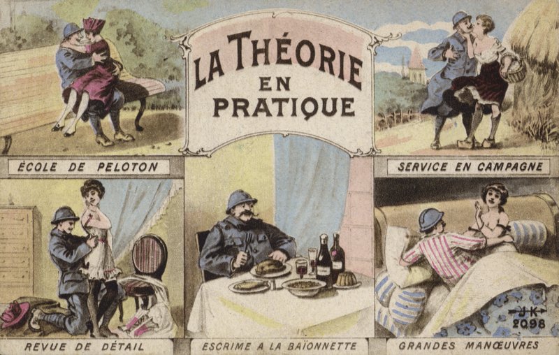 Teori og praksis, romantikk og soldater (farge litho) av French School